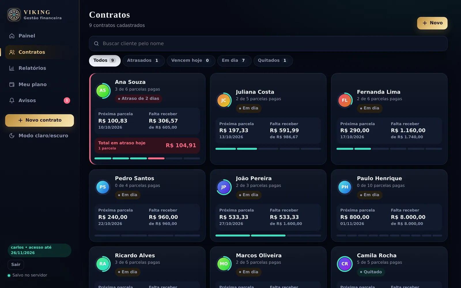 Lista de contratos com filtros