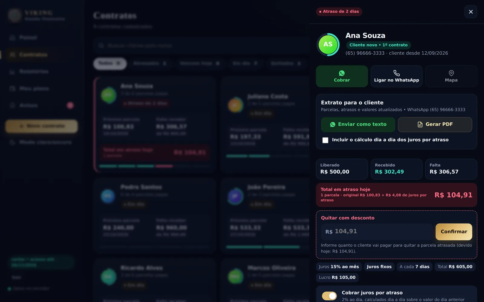 Ficha do cliente com parcelas, atraso e quitação com desconto
