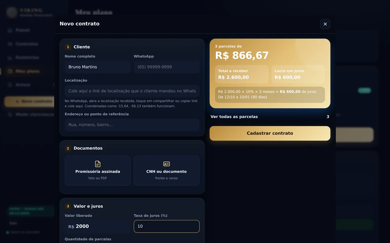 Cadastro de novo contrato com simulação das parcelas
