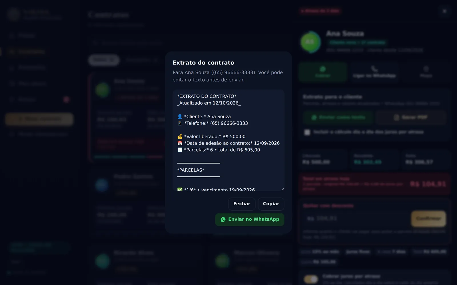 Extrato pronto para enviar pelo WhatsApp